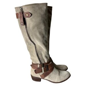 LAVORAZIONE ARTIGIANA Taupe Suede Knee High Boots Brown Buckle Zipper Sz 6 / 6.5